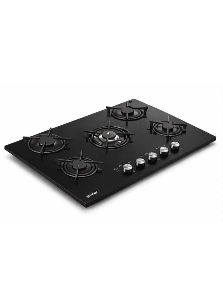Simfer Built-In Gas Hob 90 cm Black Glass, 5 Sabaf Burners, Front Control Knobs, Round Cast Iron Pan Supports, Auto Ignition, Full Safety – Model BH90GG01 - Image 3
